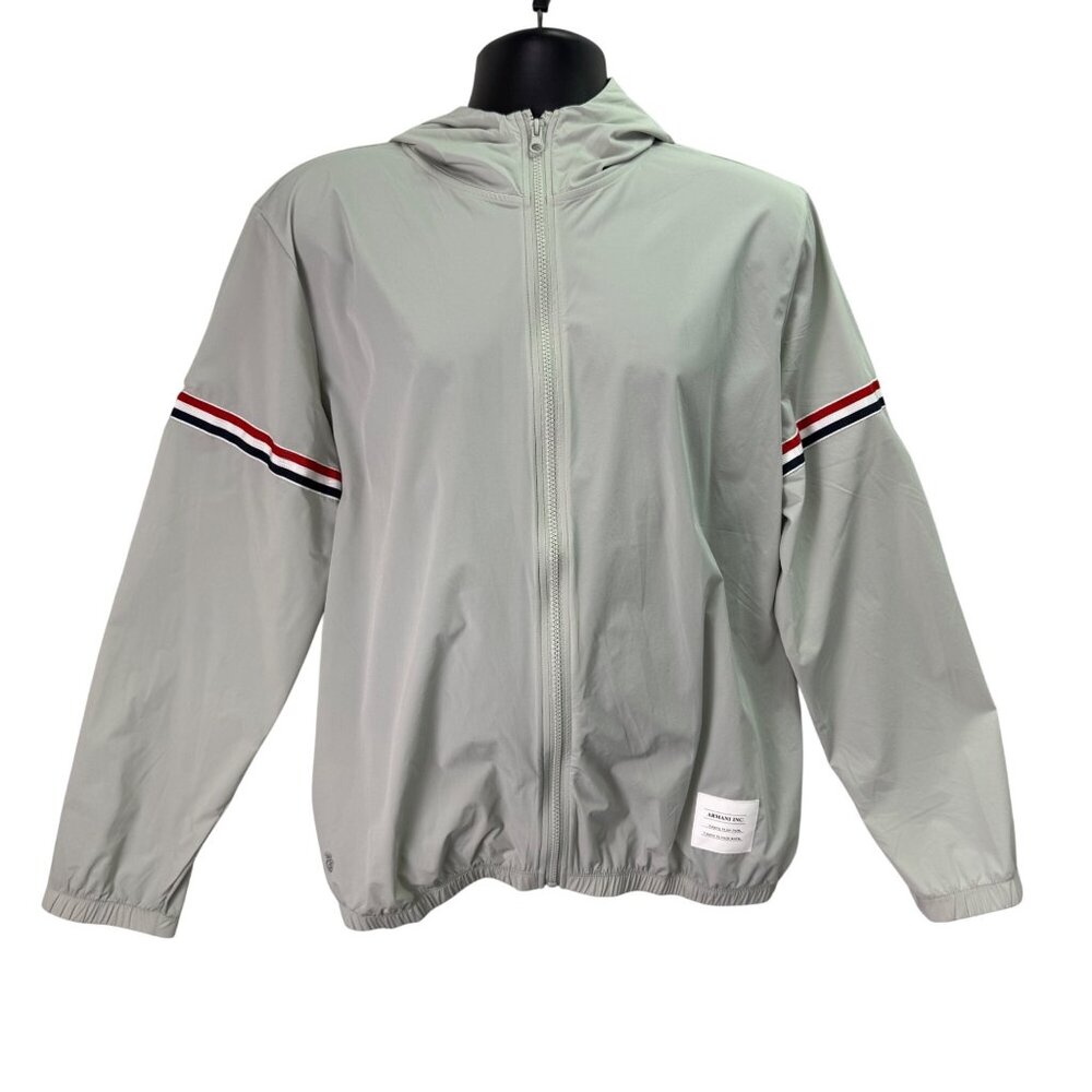 Light Gray Hooded Jacket Red/White Sleeve Stripes Lightweight Sz XL